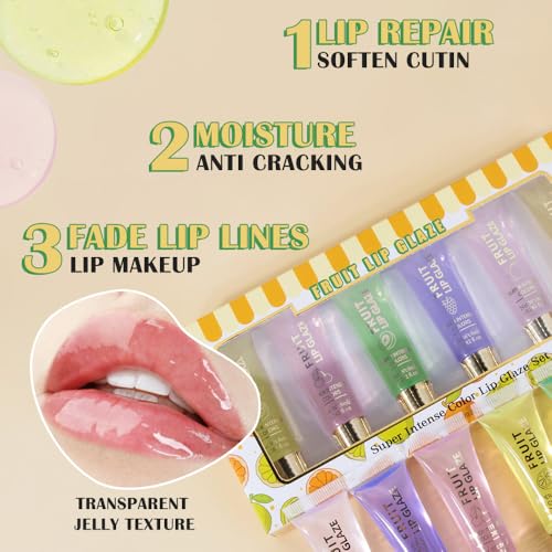 6 Pcs Summer Ultra-Hydrating Lip Gloss Set with Vitamin Oils | Fruit Flavored, High-Shine, Non-Sticky Lip Balm for Smooth, Hydrating & Nourished Lips, Birthday Christmas Gifts, Vegan & Cruelty-Free