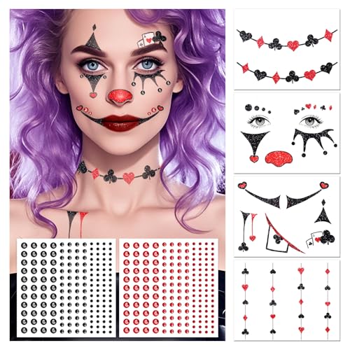 Cerlaza Clown Face Temporary Tattoos Kit with Gems – Halloween Costume Makeup