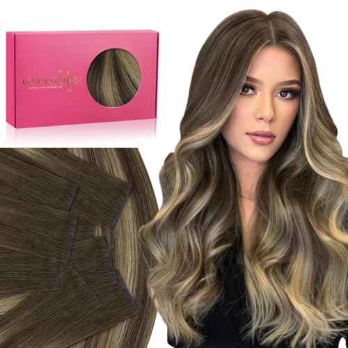 WENNALIFE Invisi Edge Tape in Hair Extensions Human Hair, 16 Inch 50g 20pcs Balayage Chocolate Brown to Caramel Blonde Invisible Luxury Remy Hair Extensions Natural Seamless Injected Tape Ins Straight