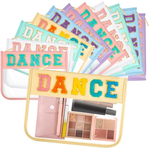 Aliceset 12 Pcs Dance Gifts for Women Cosmetic Bag with Chenille Letter Patches Dancer Clear Makeup Bag Toiletry Zipper Pouch for Travel Women Girls Storage (Multicolor)