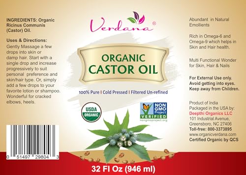 Verdana Organic Castor Oil – 32 Fl Oz Bulk Size – Cold Pressed, Unrefined, Hexane Free - for Face, Hair, Pack Wrap