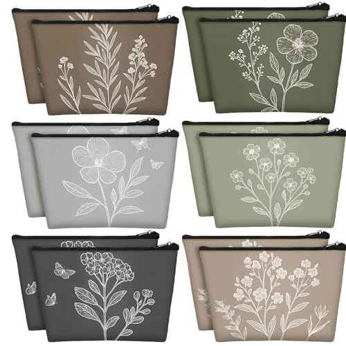 Sweetude 12 Pcs Vintage Flowers Makeup Bag Bulk Boho Gifts Portable Travel Cosmetic Bags with Zipper Retro Floral Waterproof Roomy Travel Beauty Toiletry Organizer Storage Pouch for Women