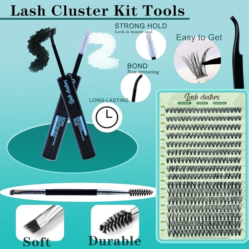 Wispy Lash Clusters Kit 640pcs Eyelash Cluster Extensions 30D+40D Curl Individual False Eyelashes Natural Fluffy Mink Lash Clusters Extension Kit (9-16mm with Lash Bond&Seal,Brush,Tweezers)