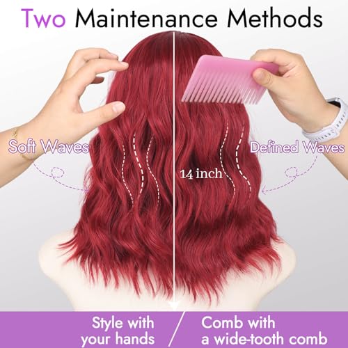 Berry Red Wavy Bob Wig - Glueless Synthetic Lace Front 14 Inch