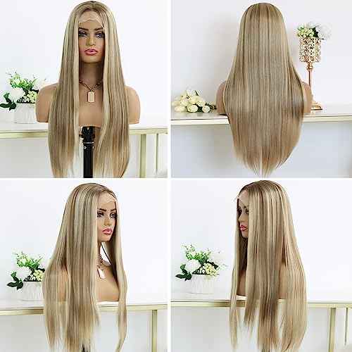 Highlight Honey Blonde Lace Front Wigs for Women Middle Part Glueless Long Straight Ombre Brown Mixed Blonde Synthetic Lace Front Wig for White Women 150 Density 24 Inches