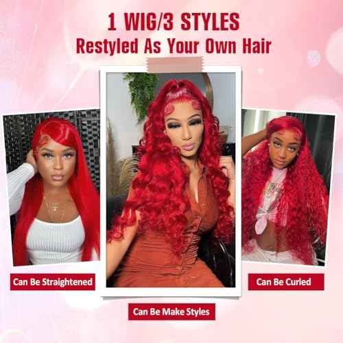 Ice Pear 30 Inch Red Hair Wig Pre Plucked 13x6 Body Wave Wigs Human Hair, 200% Density 13x6 Colored Wigs for Women,Red Glueless Wig Bleached Knots with Baby Hair