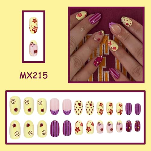 Short Oval Press On Nails 24pc Set, Purple & Yellow