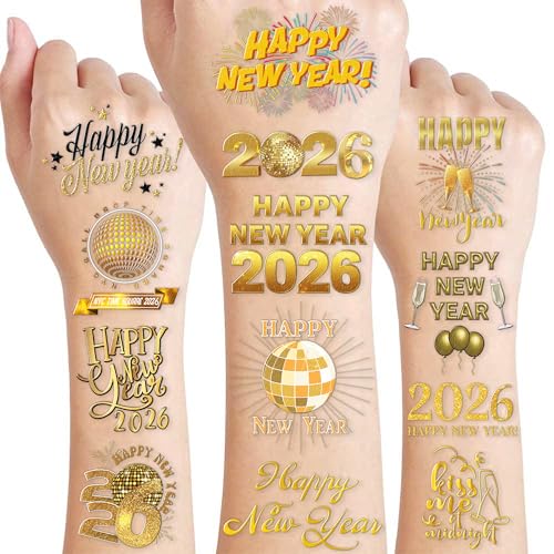Happy New Year 2026 Temporary Tattoos Stickers ? 96PCS Gold New Year¡¯s Eve Party Favors, Decorations, Countdown Celebration Supplies, Holiday Festival Accessories Gifts for Kids and Adults