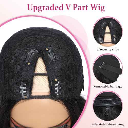 V Part Wig Body Wave Upgrade U Part Wigs for Black Women Premium Protein Silk Fiber & Human Hair Blended, Clip in V-Part Half Wigs Glueless Wear and Go 180% Density Natural Black 20 Inch