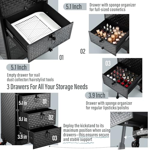 Yueieoun Salon Cart with 3 Drawers & Wheels - Rolling Makeup Trolley