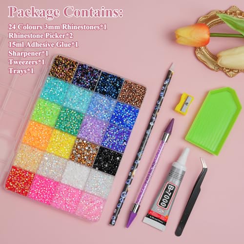 30000Pcs 3mm Flatback Rhinestones Kit - 24 Colors + Tools