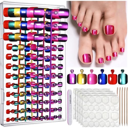 FANDAMEI Cat Eye Press-On Toenails Kit - 6 Bright Colors, Short Square Fake Nails for Women