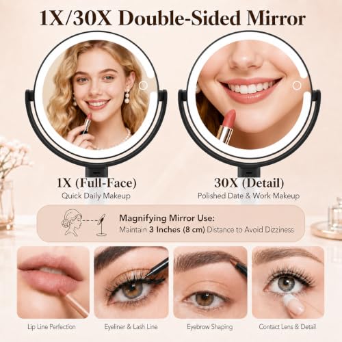 MOMOKUBA Makeup Mirror with Lights, 1x/30x Magnifying, Rechargeable