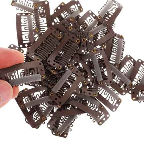 Yolev 50PCS Wigs Snap Clips Hair Extension Clips 6-Teeth U-Shape Metal Silicon Wig Hair Extension Clips for Women Hairpiece (Dark Brown)