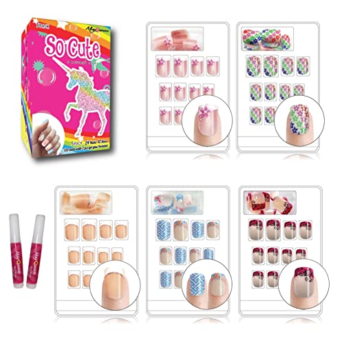 MayQueen 120 PCS 5 Pack Children Artificial Fake Nails With Two Glues Full Cover False Nail Kits for Kids (So Cute)