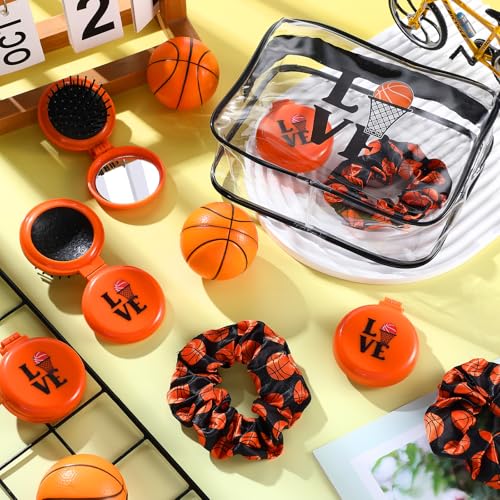 Yungyan 36 Pcs Basketball Gifts 12 Basketball Makeup Bag for Women Party Favors Team Gifts with 12 Sport Hair Scrunchies 12 Round Portable Folding Brush