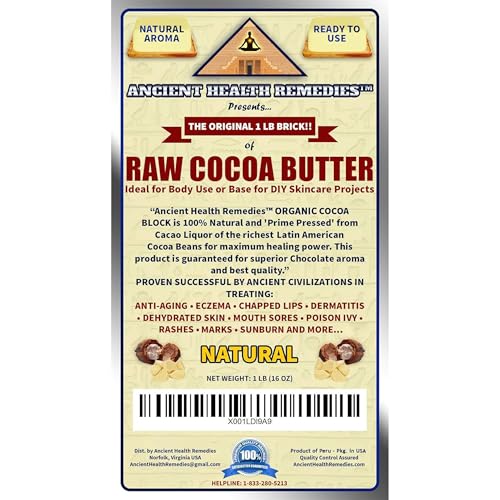 ANCIENT HEALTH REMEDIES Organic Unrefined Raw NATURAL COCOA (CACAO) BUTTER BLOCK Bulk Size Rich Chocolate Aroma For Lip Balms DIY Base for Body Butter (16oz)