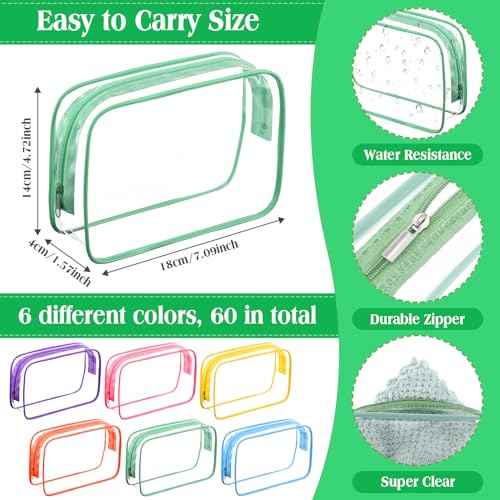 Cunno 60 Pcs Clear Toiletry Bag TSA Approved Cosmetic Bag Bulk Makeup Bag Travel Carry Airport Airline Compliant Bag for Women Men Summer Vacation Salon Mother Gift(Bright Color)