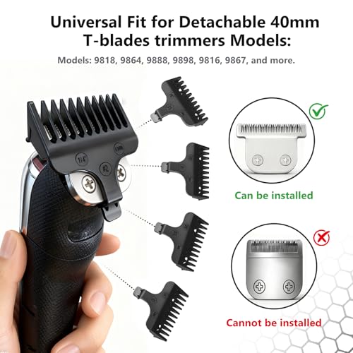 2 Detachable 40mm T-Blades with 4 Guard Combs (1.5mm 3mm 5mm 6.5mm)-Compatible with Wahl Trimmer Models 9864, 9864SS, 9818, 9888, 9867, 9816, WSS3L, SS2L& More