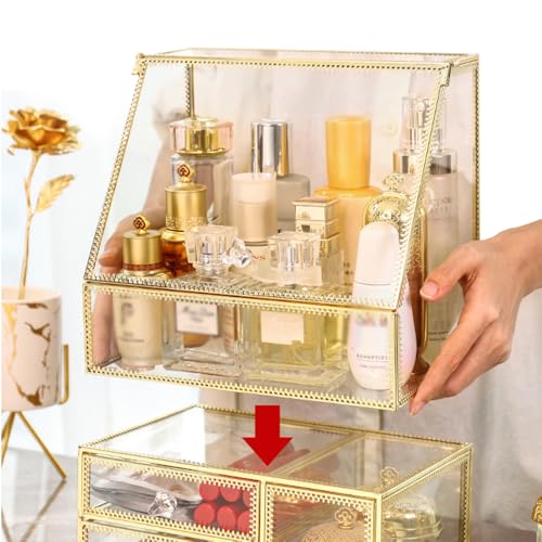 YUEHUA Makeup Organizer Glass Makeup Holder Bathroom Countertop Vanity Cosmetic Organizer for Lipsticks Skincare Toner Storage