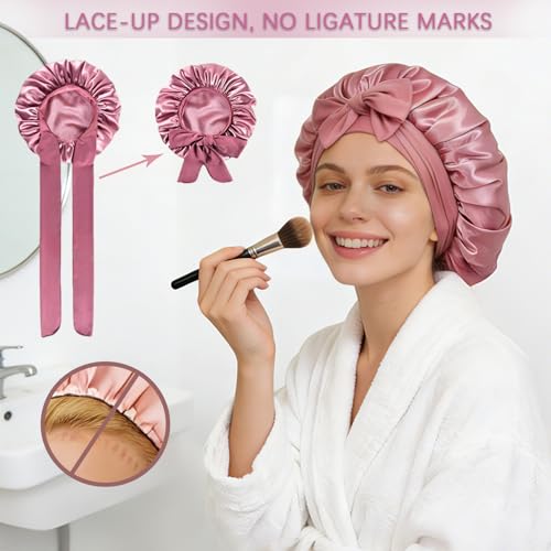 Silk Satin Bonnet for Women with Elastic Tie - Large Sleep Cap for Curly Hair - Bean Paste Variation
