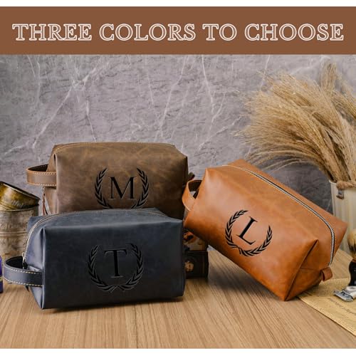 Personalized Leather Toiletry Travel Bag for Men Custom Christmas Birthday Gifts for Men Groomsmen Dad Husband Boyfriend Engraved Initial Waterproof Shaving Bags(A, Dark Brown)