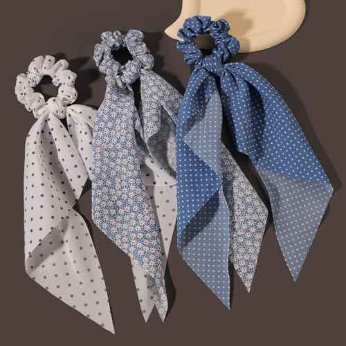 LFOUVRE Elastic Hair Scrunchies and Ribbons - Knotted Bow Hair Ties, Scarf Scrunchies Ponytail Holders for Women and Girls 3pcs