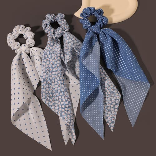 Bow Hair Scrunchies Set - 3pc Elastic Hair Ties with Scarf
