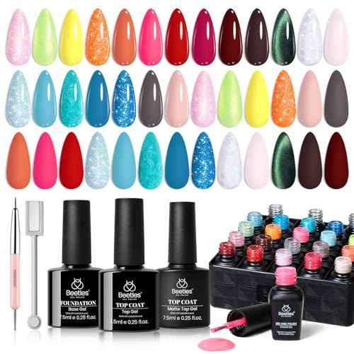 Beetles Gel Nail Polish Set - 20 Colors Gel Polish Pink Blue Green Yellow Pearl Color Gel with Base Glossy & Matte Top Coat Uv DIY Salon Manicure Kit Beach Bash Christmas Nails Gift for Women