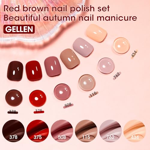 GELLEN Neutral-Warm Fall Winter Nail Polish Set - 6 Nude Red Brown Shades, No Lamp Needed, HEMA Free