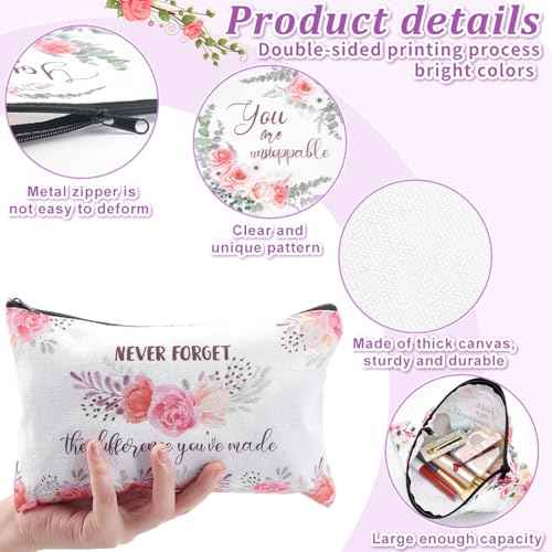 16PCS Canvas Cosmetic Bags Bulk Inspirational Quotes Makeup Bags for Women Encouragement Travel Pouch with Zipper Flower Cosmetic Pouch for Christmas Friendgiving Friend Gifts
