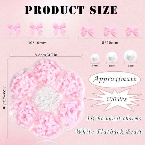 300Pcs Bow Charms and Flatback Pearls, Pink Bowknot 3D Cute Nail Supplies for Acrylic Design, 3-5mm White Half Pearls for Jewelry DIY Crafts Art Decoration Accessories