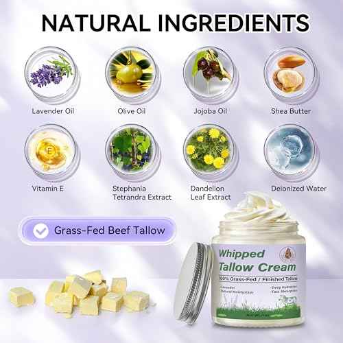Beef Tallow for Skin, Organic Tallow Face Moisturizer, Whipped Grass Fed Beef Tallow Balm Cream for Skin Care Face Body, Deep Hydrate and Nourish Dry Skin, Lavender - 4 oz