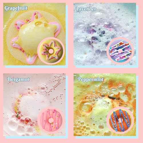 KAV Donut Bath Bombs Gift Set ? 4 Piece Handmade Organic Bath Bomb Kit with Essential Oils ? Relaxation Spa Gift for Women, Men, Teens, Kids ? Self Care & Aromatherapy Soak