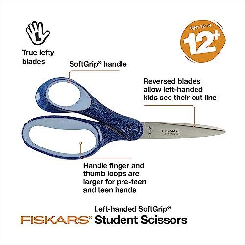 Fiskars 7" SoftGrip Left-Handed Student Glitter Scissors for Kids Ages 12-14, Left-Handed Scissors for School or Crafting, Back to School Supplies, Blue Glitter