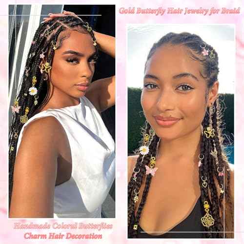 NAISKA 146PCS Gold Hair Jewelry with Butterfly Flower Charms, Metal Alloy Hair Coils, Rings, Cuffs and Decorations for Locs, Dreadlocks and Braids - Handmade Accessories for Women and Girls