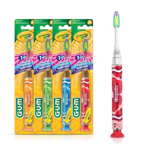 GUM Crayola Timer Light Toothbrush for Kids, Soft Bristles, Suction Cup Base, Children & Toddler Toothbrush 3 Year Old+, 1 Count (Pack of 4)