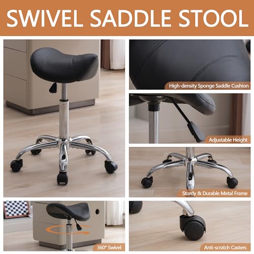 Saddle Stool, Swivel Saddle Stools with Wheels, Adjustable Rolling Stool 18"-26", Faux Leather Rolling Saddle Stool for Salon, Massage, Clinic, Lab, Office (Black, 1PCS (18"-26"))