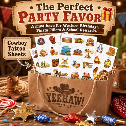 96 Cowboy Temporary Tattoos for Kids | Western Party Favors