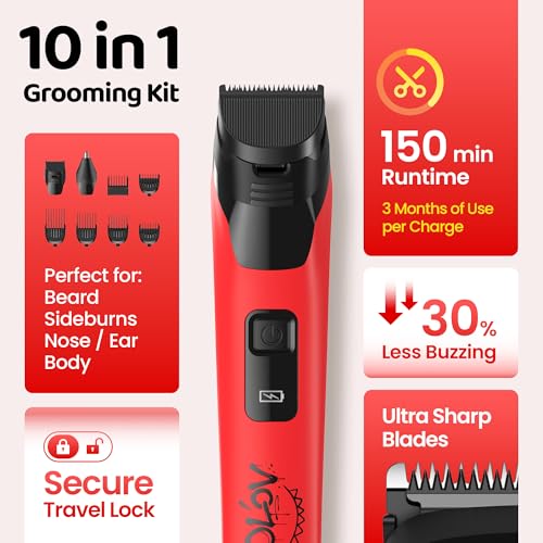 Electric Beard Trimmer for Men,Nose Hair Trimmer & Electric Razor 10-in-1 Grooming Kit Cordless Shaver Gift-Ready for Men(Red)