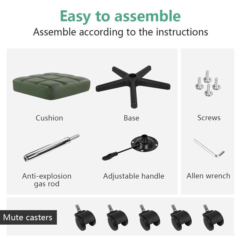 FURWOO Square Swivel Stool with Wheels PU Leather Rolling Stool Height Adjustable for Spa Salon Massage Green