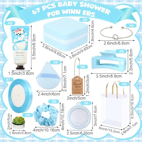 Baby Shower Prizes for Winners Gifts Headband Hair Brush Jewelry Box Plants Candles Bracelet Hand Cream Compact Powder Puff Hair Claw ribbon Gift Bag Beaded Necklace Bridal Shower(6 Sets-Blue)