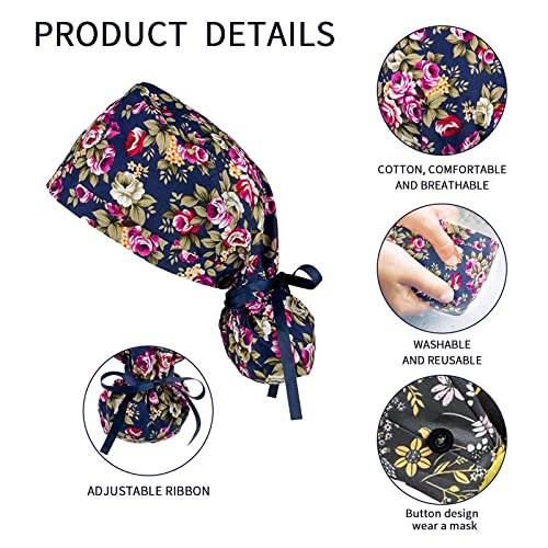 Scrub Caps Women with Buttons Nurse Hat Scrub Cap Ponytail Nursing Hats Long Hair Working Cap with Buttons and Ribbon Tie Halloween Chemo Hats Cancer Headwear Head Scarfs