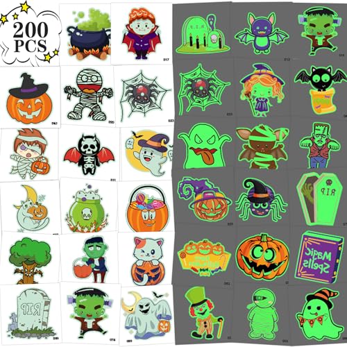 Glow Halloween Tattoos, 200 PCS Individually Wrapped Glow in the Dark Temporary Tattoos, Luminous Halloween Stickers Party Decorations, Halloween Party Favors Supplies Goodie Bag Fillers