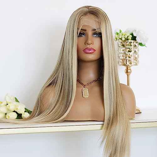 Highlight Honey Blonde Lace Front Wigs for Women Middle Part Glueless Long Straight Ombre Brown Mixed Blonde Synthetic Lace Front Wig for White Women 150 Density 24 Inches