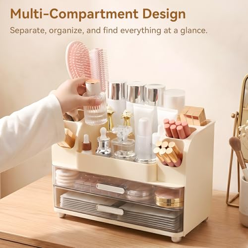 Large Makeup Organizer with 2 Drawers & 6 Brush Holders - Cream