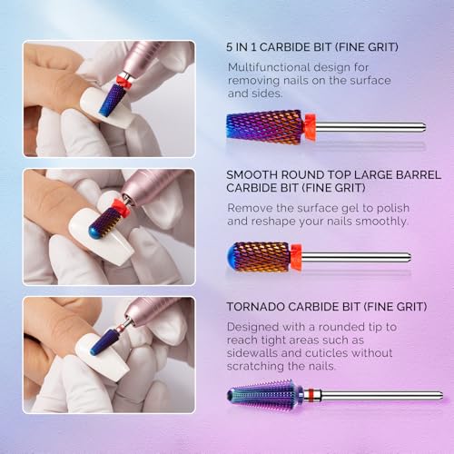 3PCS Nail Drill Bits Set - Carbide Tungsten, 5 in 1, 3/32"