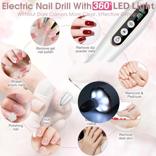 Cordless Electric Nail Drill with 360° LED Light - 10 Speed, LCD Display, Low Noise, 6H Runtime, 9 Bits