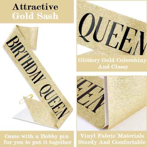 TOBATOBA Birthday Queen Sash and Crown for Women - Gold Rhinestone Tiara and Sash Set for Birthday Decorations Outfits for Women