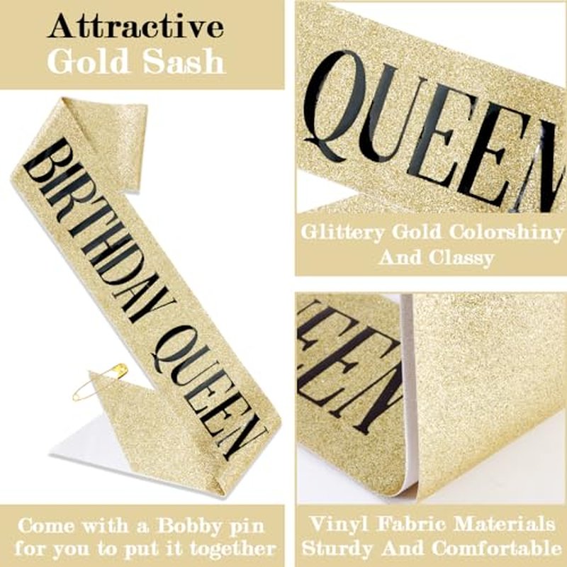 Birthday Queen Sash and Crown Set for Women - Gold Tiara & Sash